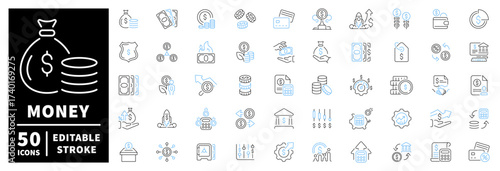 Money and finance icons set. editable line icons, outline, banking, currency symbols