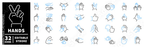 Hands icons set. editable line icons in outline, gesture, and symbol designs