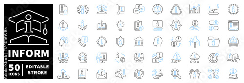 Education and information icons set. editable line icons, outline, data, learning symbols