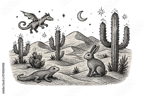 Magical Desert Creatures. Fantasy desert drawing with magical cacti, dunes, and strange animals in black and white isolated