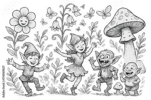 Fantasy Creatures Gathering. Joyful fantasy scene with elves, goblins, and enchanted plants in black and white isolated
