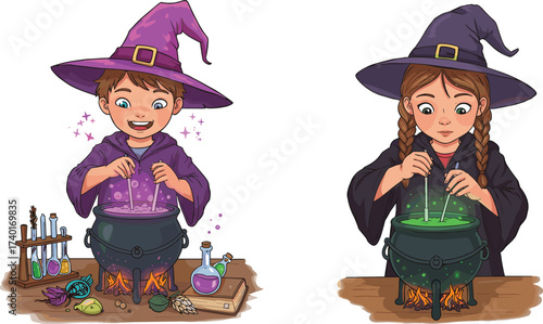 Halloween children, witch costume, magic potion, cauldron, fantasy illustration