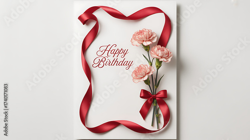 Elegant red ribbon frames pink carnations and happy mother s day message