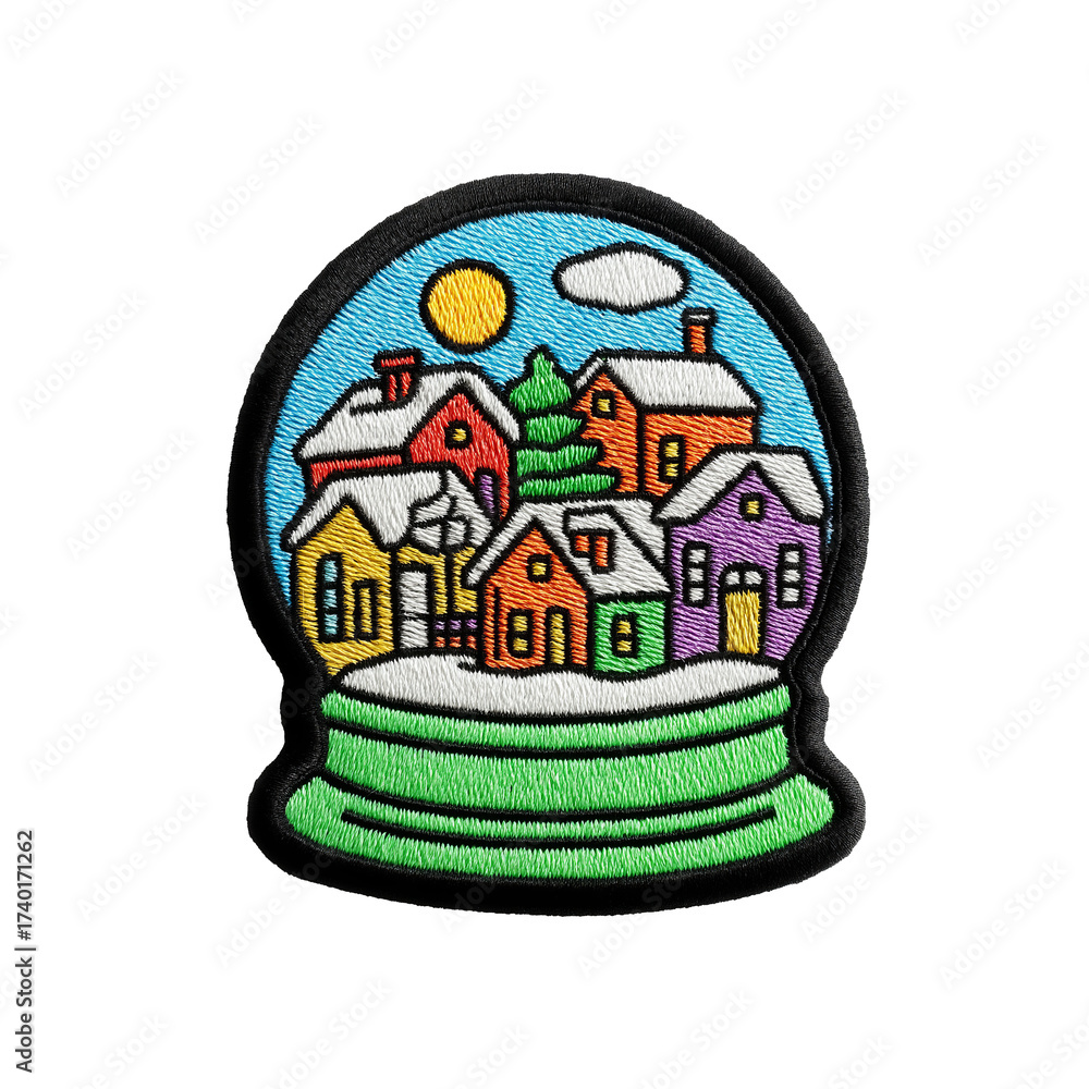 Fototapeta premium Embroidered patch depicting a whimsical winter village scene inside a snow globe