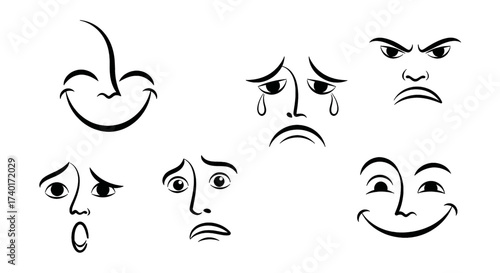 Expressive faces displaying a range of emotions, from joy and happiness to sadness, anger, and surprise, perfect for illustrating emotional intelligence or social skills training materials