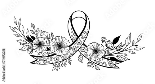 Elegant floral awareness ribbon design with detailed linework for hope, support, and solidarity in charitable causes, perfect for cards, websites, and social media graphics.