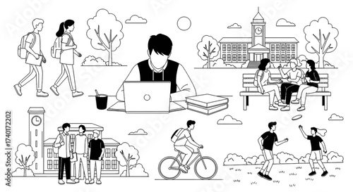 Engaging campus life scene with students studying, walking, biking, talking, and playing frisbee near iconic university buildings, perfect for education and student lifestyle visuals