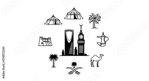 Discover the Wonders of Saudi Arabia A captivating outline showcases iconic landmarks, from majestic skyscrapers to traditional tents and palm trees, evoking the essence of travel and culture
