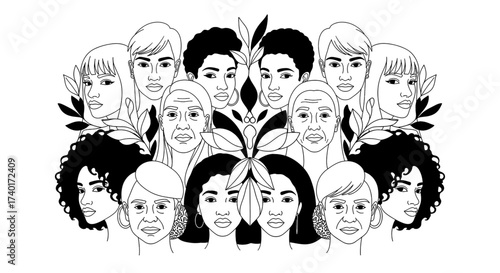 Diverse group of women in elegant black and white line art showcasing female empowerment and unity, perfect for social justice campaigns or inclusive branding, originally a scalable graphic