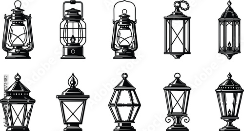 Vintage lantern collection, antique lighting, rustic camping gear, historical lamp designs, decorative oil lamps, retro illumination, classic outdoor lanterns
