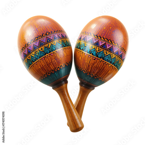 A pair of vibrant, hand-painted wooden maracas crossed over each other on a clean white background.