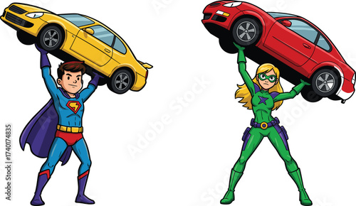 Superhero children, lifting cars, strong power, cartoon heroes, fantasy illustration