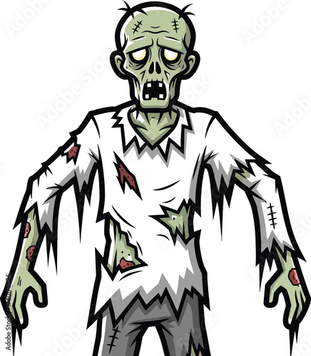 Cartoon zombie with tattered clothes on a white background
