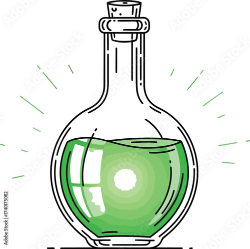 Glowing green potion in a glass bottle with cork stopper