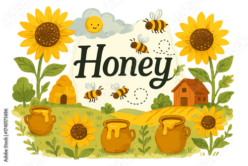 Whimsical Honey Farm. Whimsical farming scene with sunflowers, bees, and honey pots, center word “Honey” in black and white