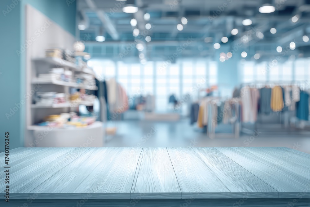 Fototapeta premium Blurred retail store interior with wooden table surface in focus
