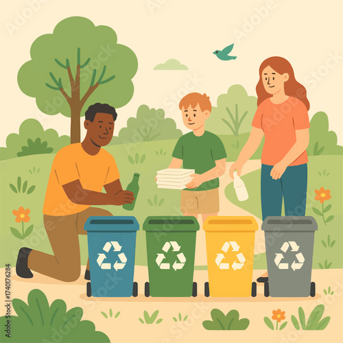 Family Recycling Together Outdoors for Environmental Awareness