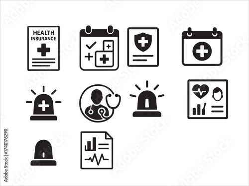 Vector set web icons Hospital rescue paramedic people ambulances medical emergency Design of signs symbols on a turquoise background