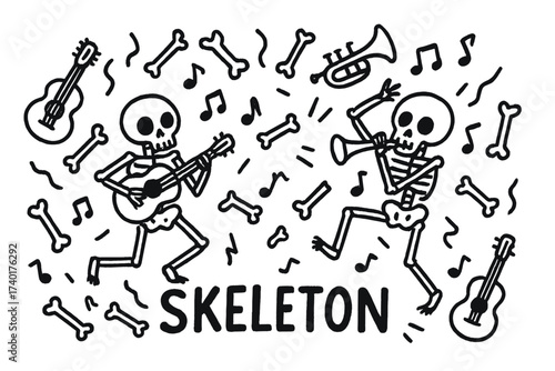 Skeleton Doodle Dance. Doodle skeleton dance with guitars, bones, and trumpets, center word “Skeleton” in black and white isolated