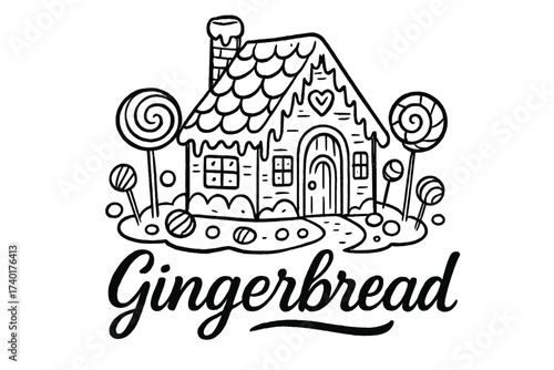 Gingerbread House Delight. Hand-drawn gingerbread house with candy, icing, and lollipops, center word “Gingerbread” in black and
