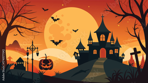 Spooky halloween night scene with silhouetted haunted house and full moon illustration for decorations and invitations