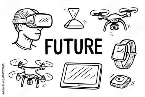 Futuristic Gadgetry Sketch. Hand-drawn futuristic gadgets with VR sets, drones, and screens, center word “Future” in black and