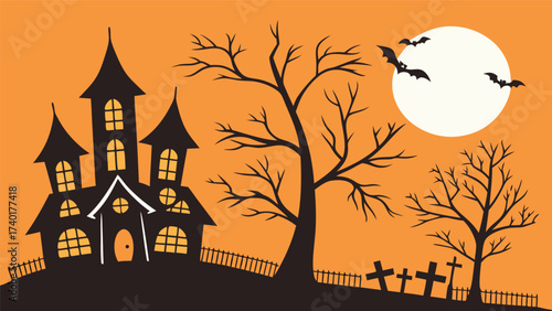 Spooky halloween night scene with haunted house bats and full moon vector illustration for festive decorations