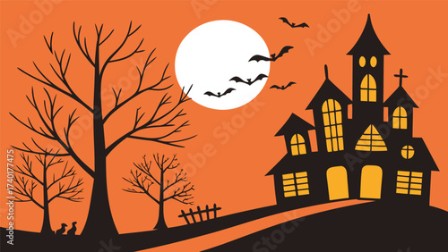 Spooky halloween night scene featuring a haunted house and eerie decorations for festive celebrations