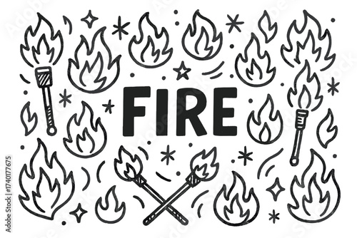 Doodle Fire Spectacle. Doodle fire show with torches, flames, and stars, center word “Fire” in black and white isolated
