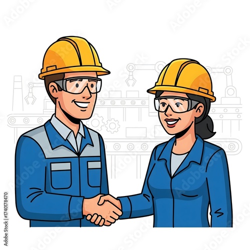 Man woman handshake shows teamwork in industry setting