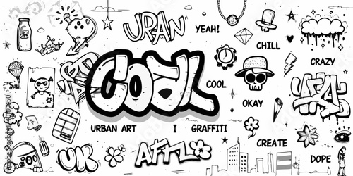 Cool graffiti art collage with urban elements and hand drawn illustrations