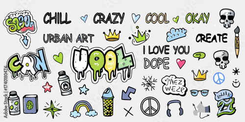 Collection of urban art graffiti style stickers with words and symbols on a white background