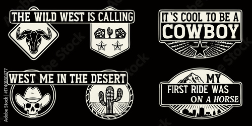 Collection of wild west and cowboy themed graphics with vintage style illustrations and text