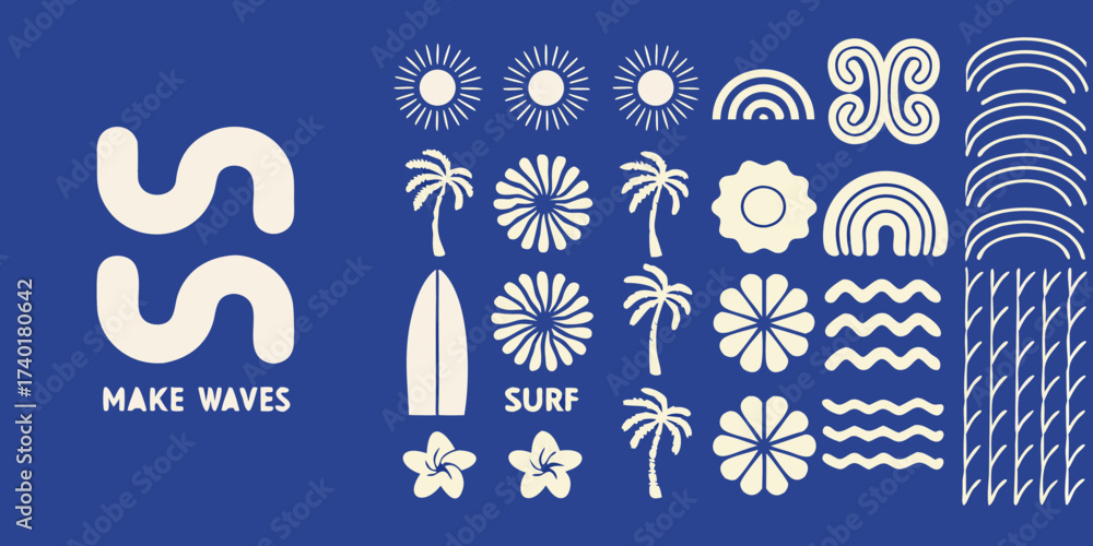 Fototapeta premium Collection of stylized summer icons and graphic elements on a blue background with the words make waves and surf