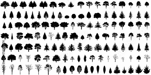 Collection of diverse black silhouette tree illustrations with varied shapes and sizes