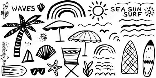 Hand drawn black and white summer beach vacation icons and symbols collection
