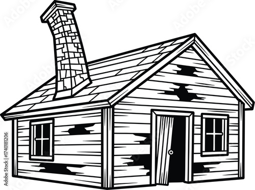 Dilapidated cabin with chimney in black and white drawing