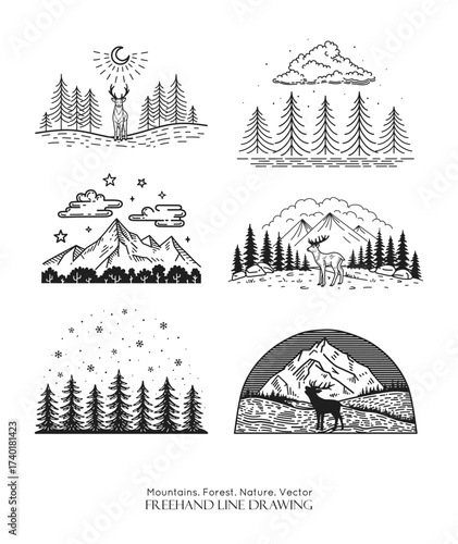 Mountains landscape set. Deer in front of the mountain ridge. Vector line drawing. Starry sky in forest, . Sketch label