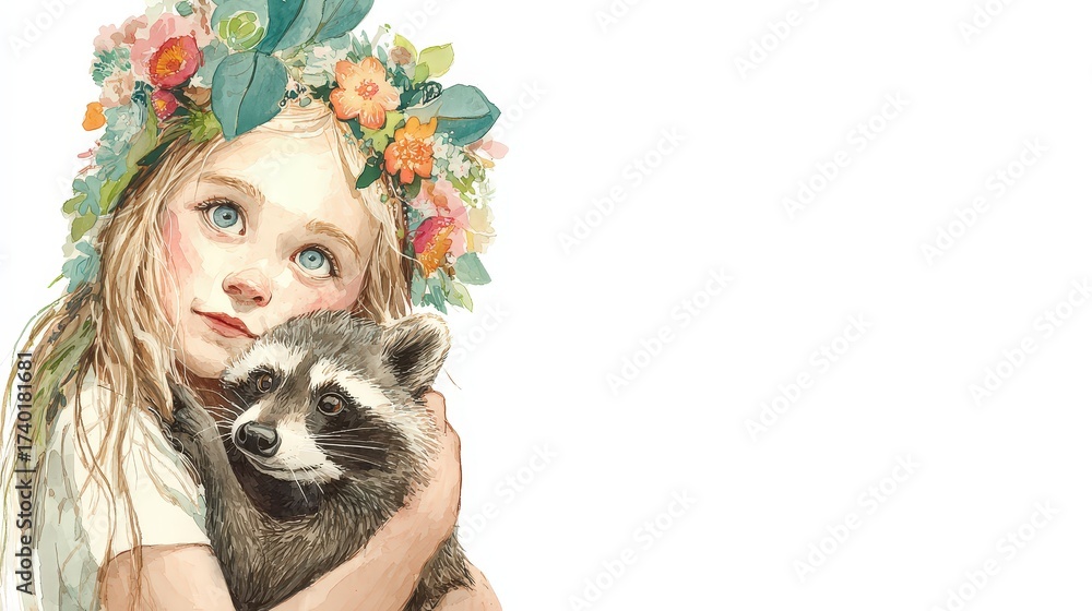 Obraz premium Whimsical Watercolor Illustration of Girl Holding Raccoon with Floral Crown
