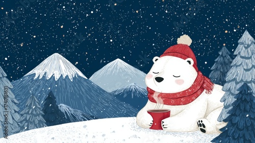 A polar bear sits peacefully in the snow, wearing a red hat and scarf, holding a cup of warm drink. The backdrop features majestic mountains and a starry night sky