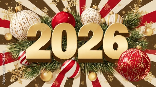 Bright holiday ornaments and golden numbers represent the upcoming year 2026. The festive background features snowflakes and gold accents, creating a joyful atmosphere