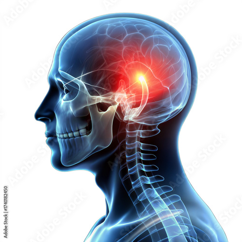 Side profile X-ray showing human brain illuminated