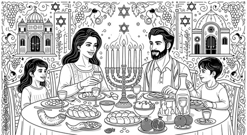 Celebrate Hanukkah with Family and Tradition A coloring page of a Jewish family gathered around a table with a menorah, enjoying a festive meal, perfect for educational and cultural projects