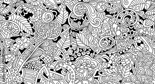 Delicate hand drawn doodle pattern, a calming meditative artwork perfect for coloring books, intricate zen art with swirling details and leaves, a creative floral background for mindful relaxation