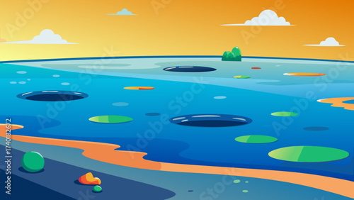 Stylized ocean surface with floating elements and vibrant colors  