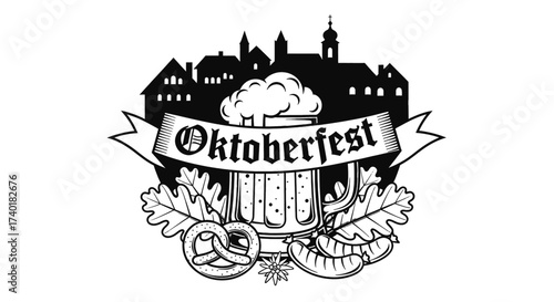 Celebrate Oktoberfest with traditional beer, pretzels, and sausage, a festive design perfect for events, promotions, and German cultural celebrations, a vintage stylized emblem
