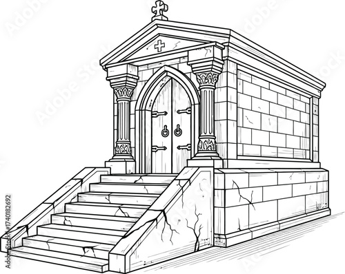 Detailed drawing of a mausoleum with steps and a cross