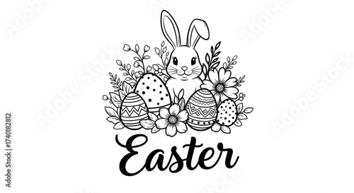 Delightful Easter Bunny with Decorated Eggs and Floral Accents, Perfect for Spring Celebrations, Charming Design for Greeting Cards and Holiday Invitations, Creating Joyful Moments