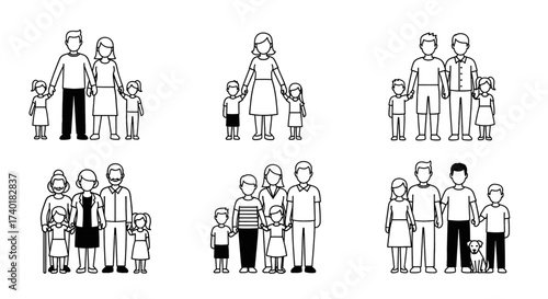 Diverse family groupings showcasing love and connection, ideal for illustrating family values, social unity, and community support, a vector style illustration perfect for websites and infographics