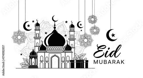 Celebrate Eid Mubarak with this striking illustration of a mosque, crescent moon, and festive decorations, perfect for greeting cards, banners, and social media posts during the Islamic holiday